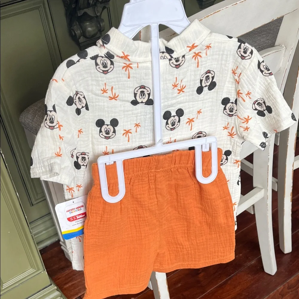 Disney Mickey Mouse Kids Button Down Shirt and Shorts Set- White and Orange